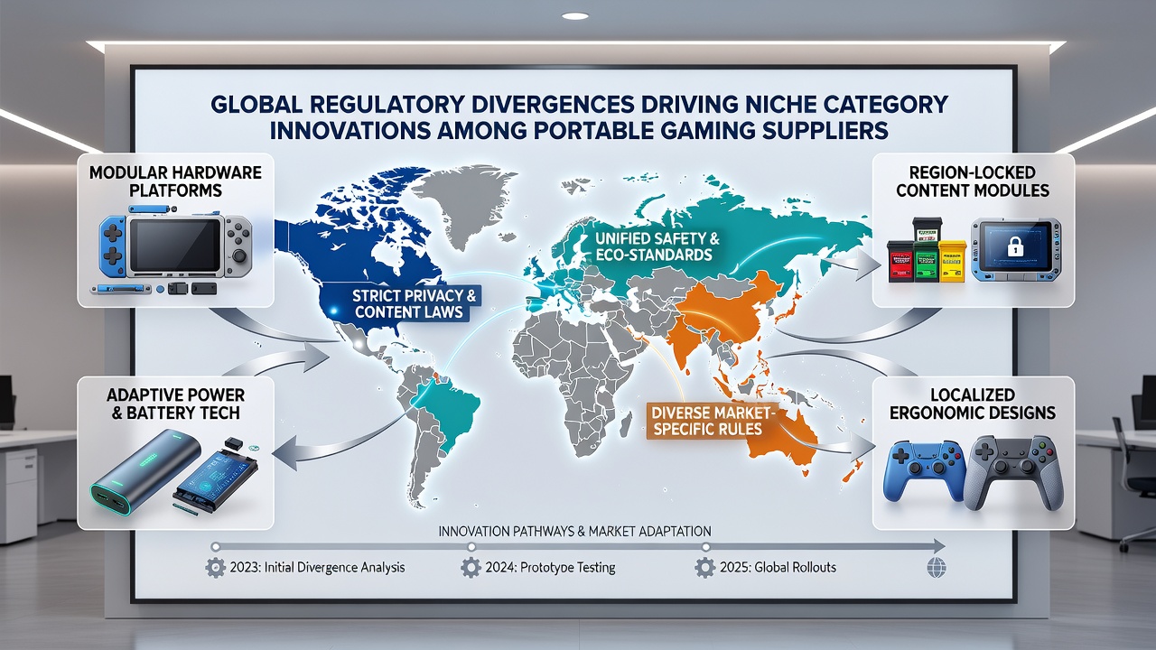 Close-up of innovative portable gaming hardware components developed under varying global rules