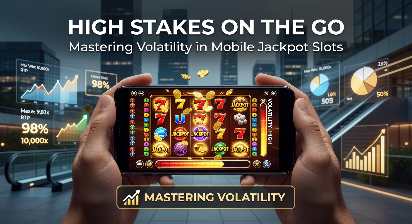 Player's hand holding a phone with a mobile slot app open to a high-volatility jackpot feature, showing exploding symbols, free spins, and a climbing prize meter against a casino-themed background