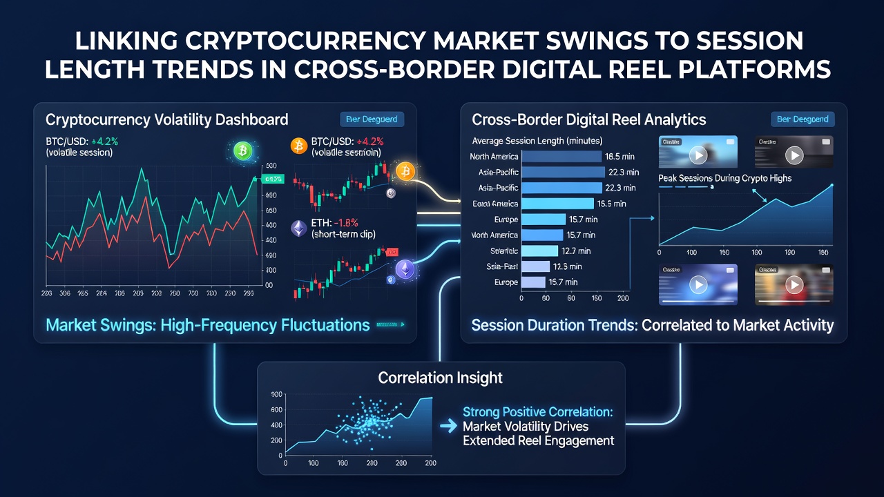 Analytics dashboard showing session duration trends alongside cryptocurrency price movements in global gaming platforms