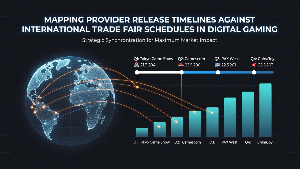 Timeline chart showing digital gaming provider releases plotted against major international trade fair dates from 2024 through 2026