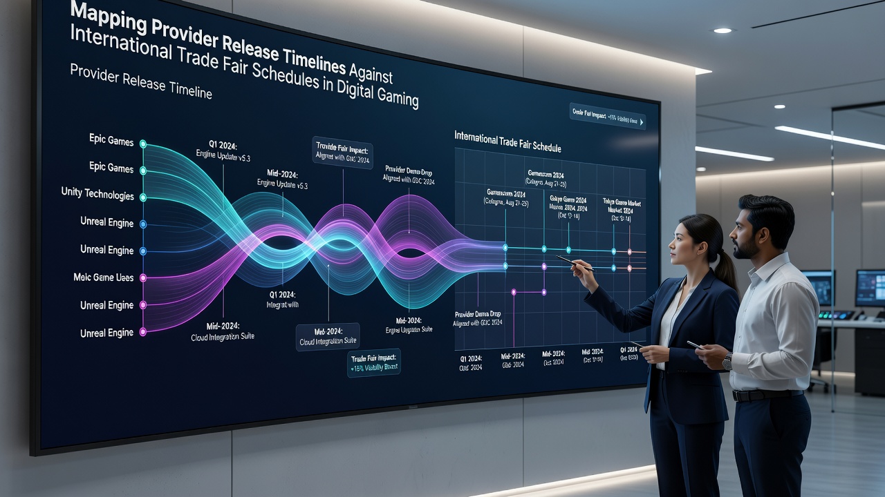 Detailed calendar overlay highlighting digital gaming releases clustered around June 2026 trade fair dates across multiple continents