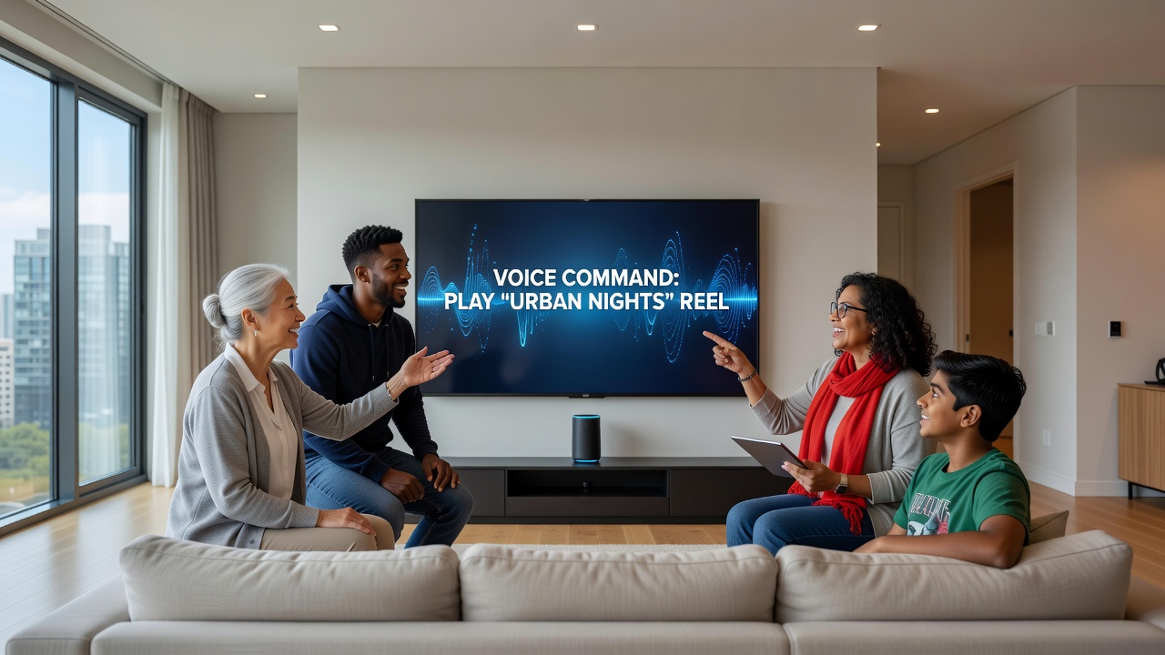 Diverse group of users interacting with mobile devices using voice commands for gaming applications